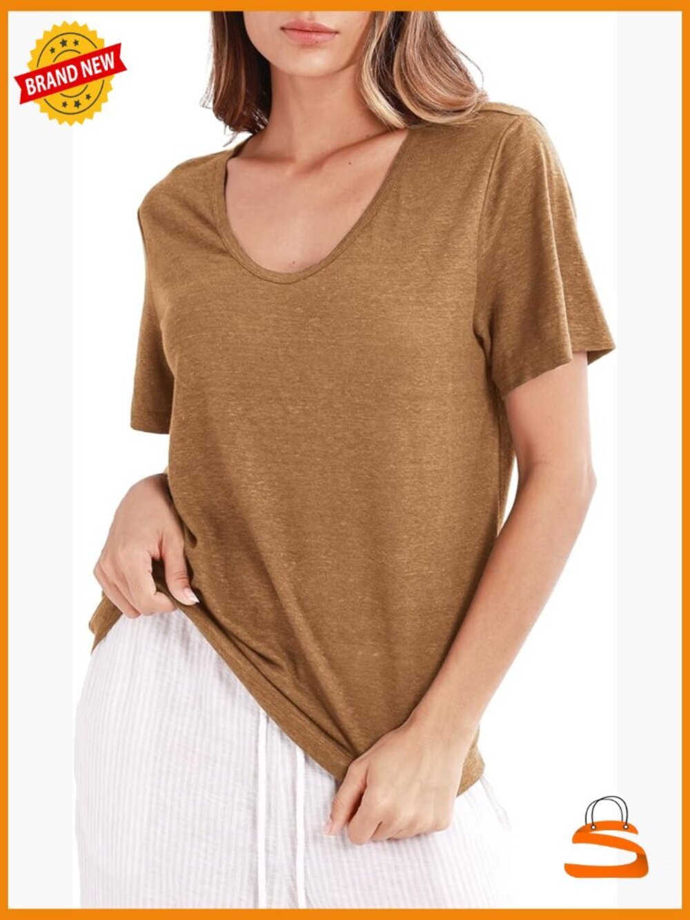 100% Linen Knitted T-Shirt Short Sleeve Crewneck Summer Casual Top